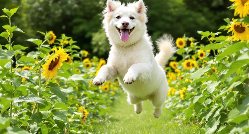 A vibrant white dog energetically leaping in a lush summer garden, embodying joy and wellness.