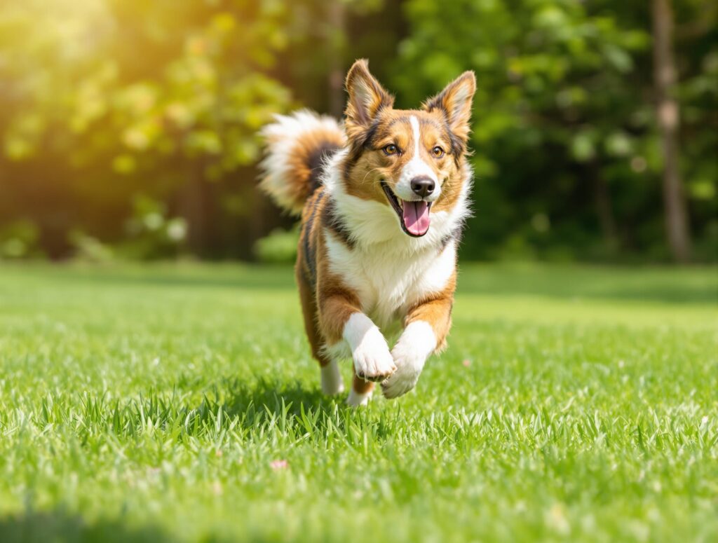 An energetic border collie or Australian shepherd dog running joyfully in a sunlit green backyard, illustrating vitality and health, aligned with K9 Advantix flea and tick control benefits for dogs.