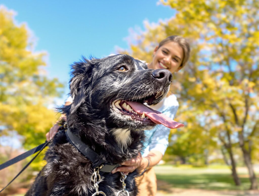 Medium-sized black dog in park with K9 Advantix II flea treatment applied, showcasing a friendly owner and natural setting.