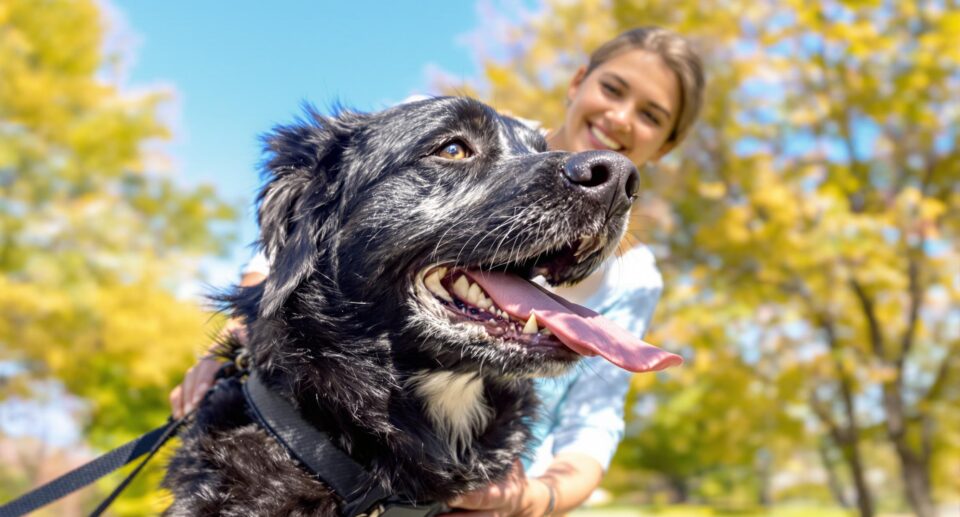 Medium-sized black dog in park with K9 Advantix II flea treatment applied, showcasing a friendly owner and natural setting.