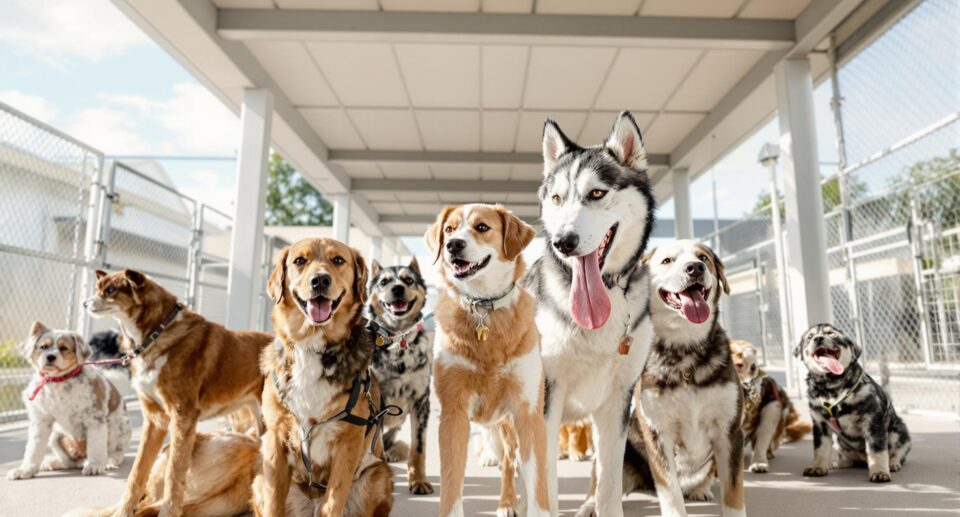 A group of healthy dogs, including a Labrador, Poodle, and Husky mix, playfully interacting in a spacious outdoor kennel, illustrating vibrant health and social interaction.