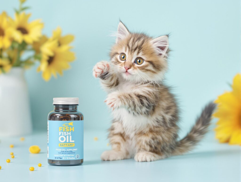 Playful kitten with fluffy fur interacting with a fish oil supplement bottle, highlighting omega-3 benefits in their diet.