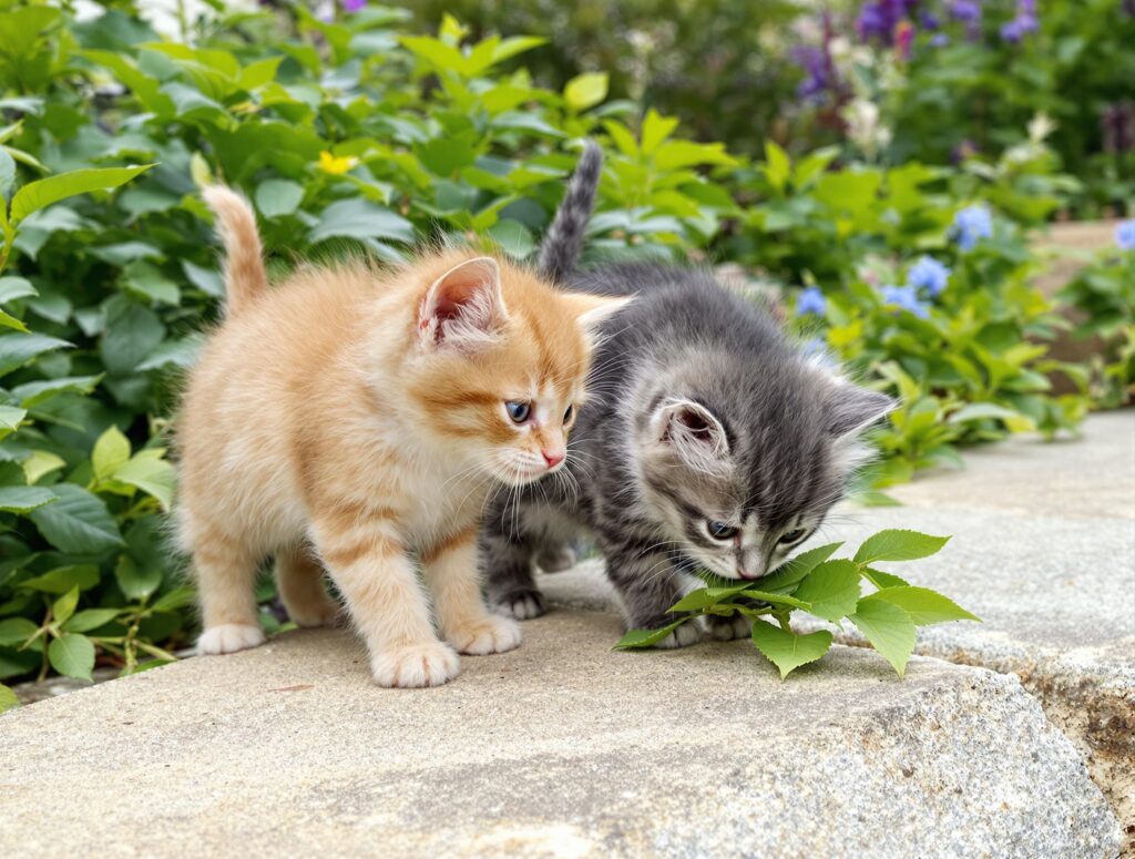 Two small kittens, one ginger and one gray tabby, explore a lush garden with warm gray stones and greenery, displaying curious and playful expressions.