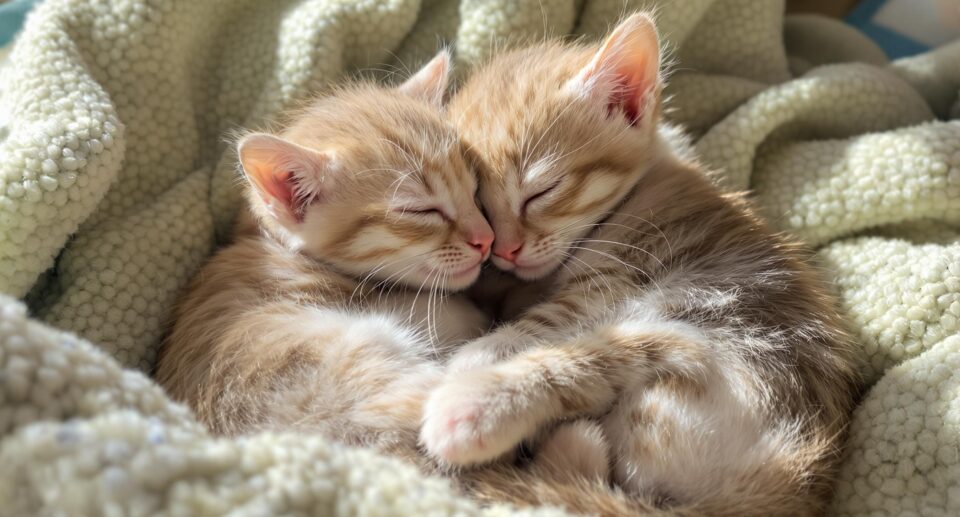 two kittens sleeping in a green blanket