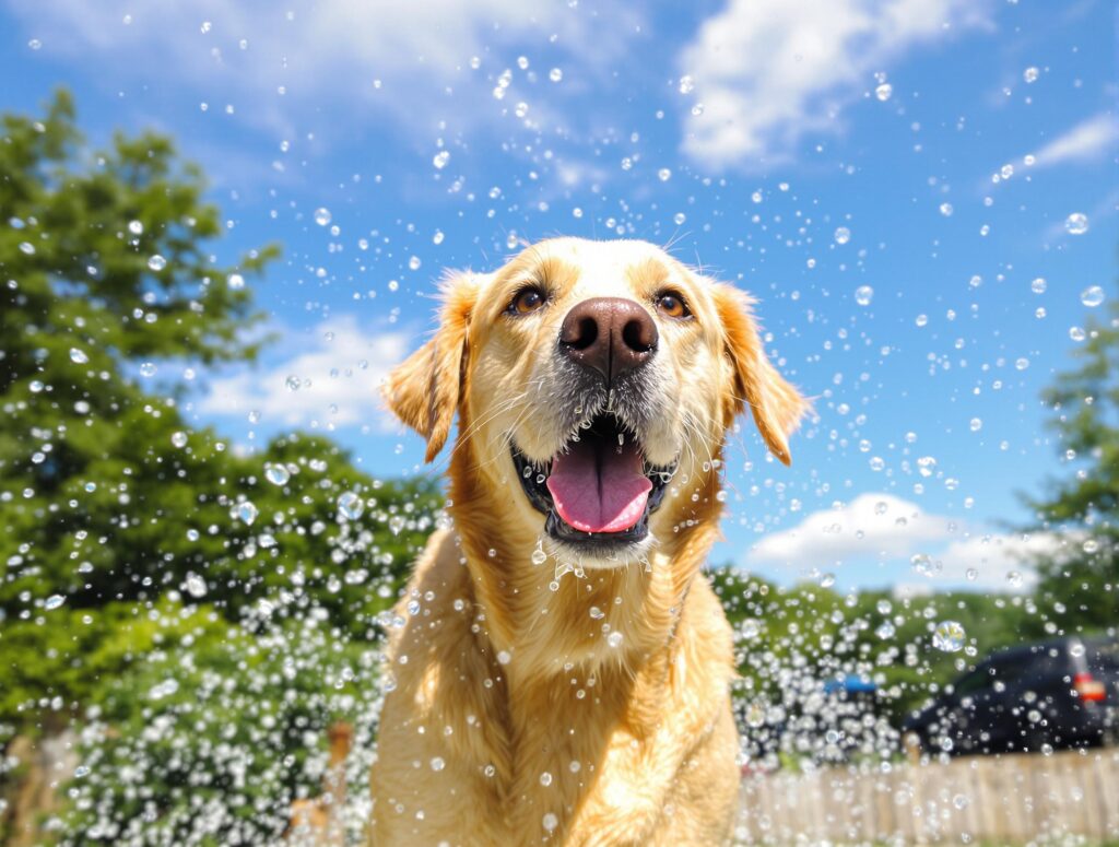 A Labrador Retriever in the Backyard taking a bath