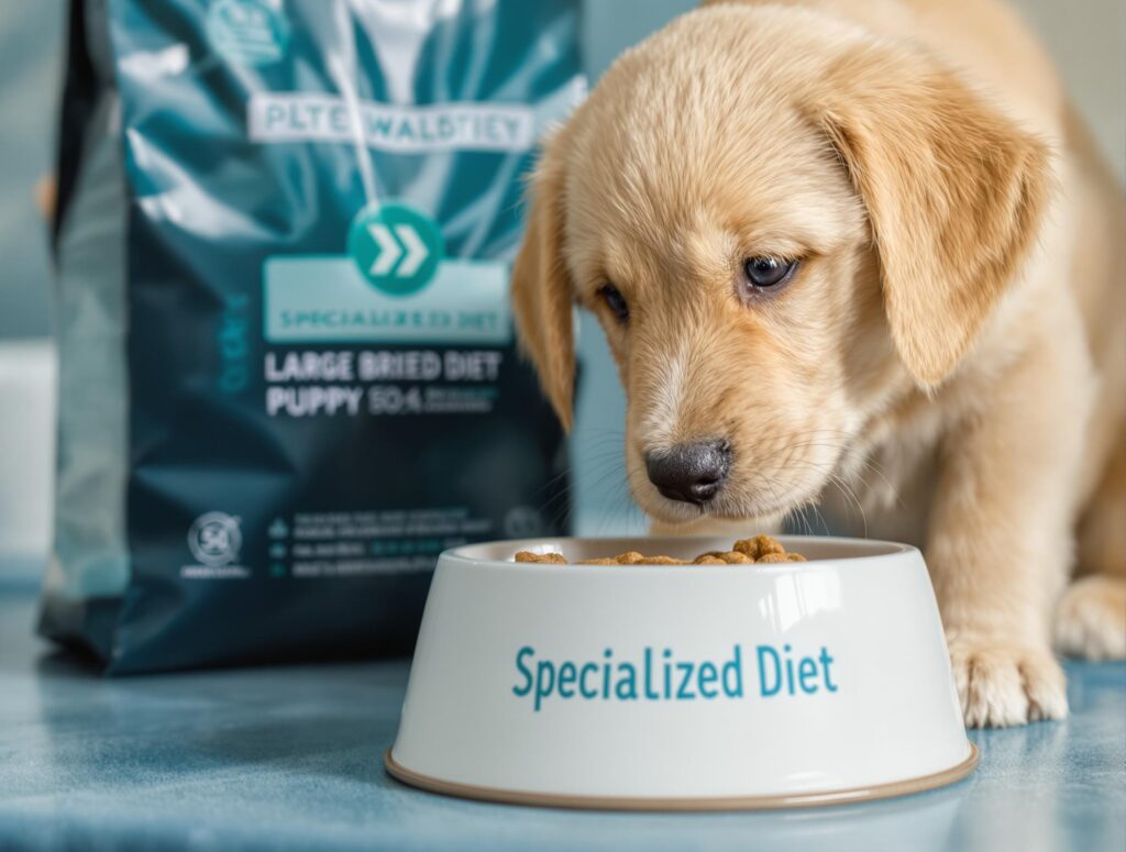 Large breed golden retriever puppy enjoying specialized diet from a ceramic food bowl, highlighting healthy growth.