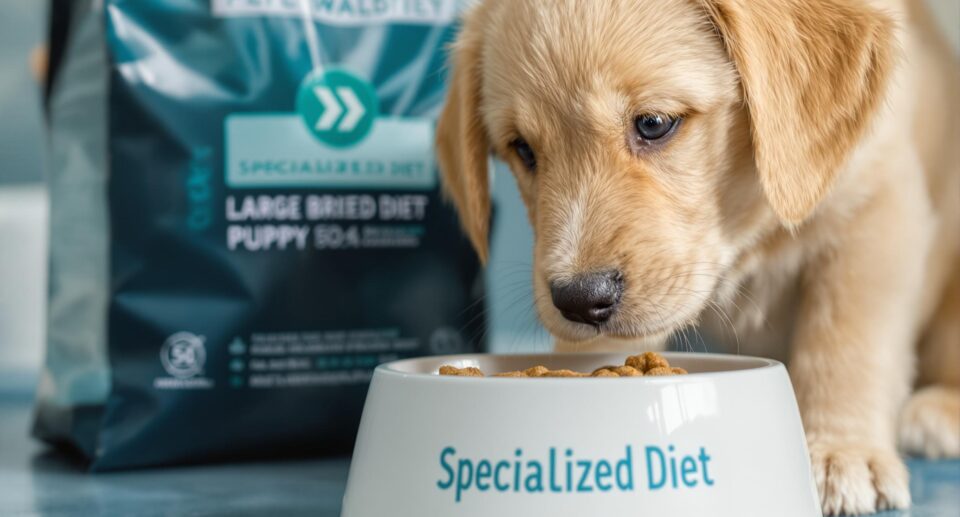 Large breed golden retriever puppy enjoying specialized diet from a ceramic food bowl, highlighting healthy growth.