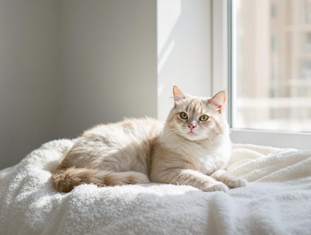 Serene female cat resting on ivory blanket, promoting cat health and spaying advice.