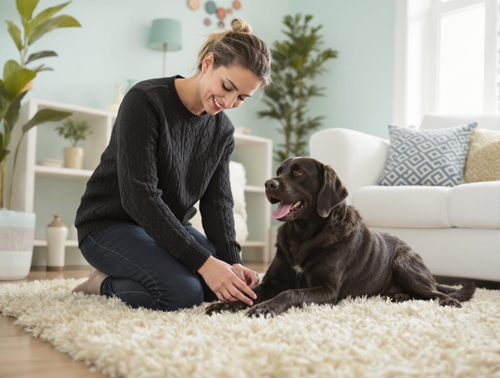 Woman gently examines her cheerful Chocolate Lab's leg during a home wellness check, showing how attentive owners can spot early signs of mobility issues.