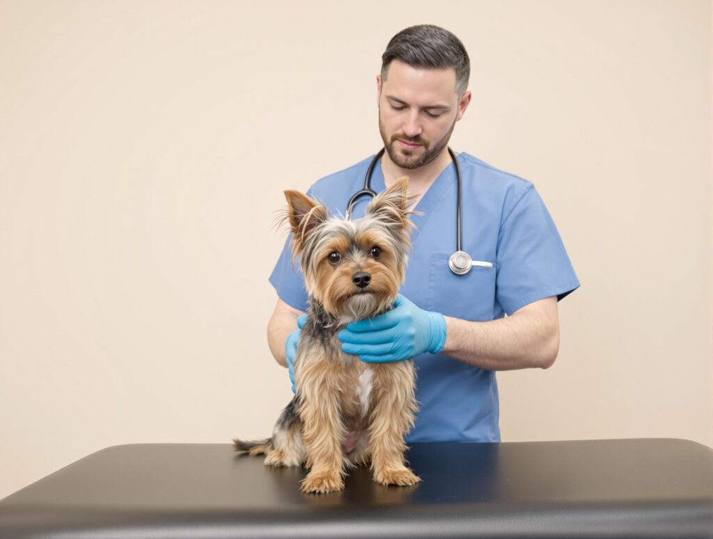 A veterinarian in a blue uniform performs a liver examination on a calm Yorkshire Terrier on a black examination table.