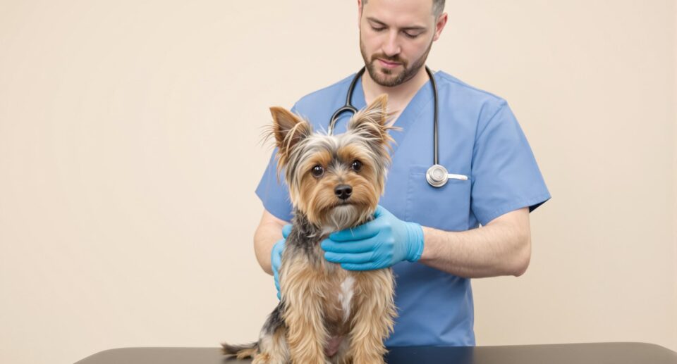 A veterinarian in a blue uniform performs a liver examination on a calm Yorkshire Terrier on a black examination table.