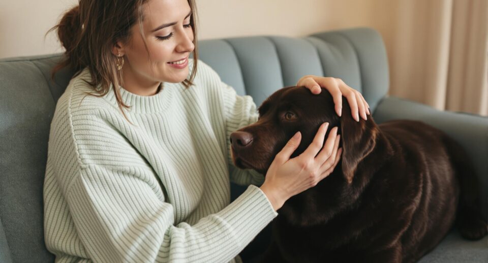 A concerned woman gently strokes her Labrador Retriever, highlighting the bond and awareness of liver disease in dogs.