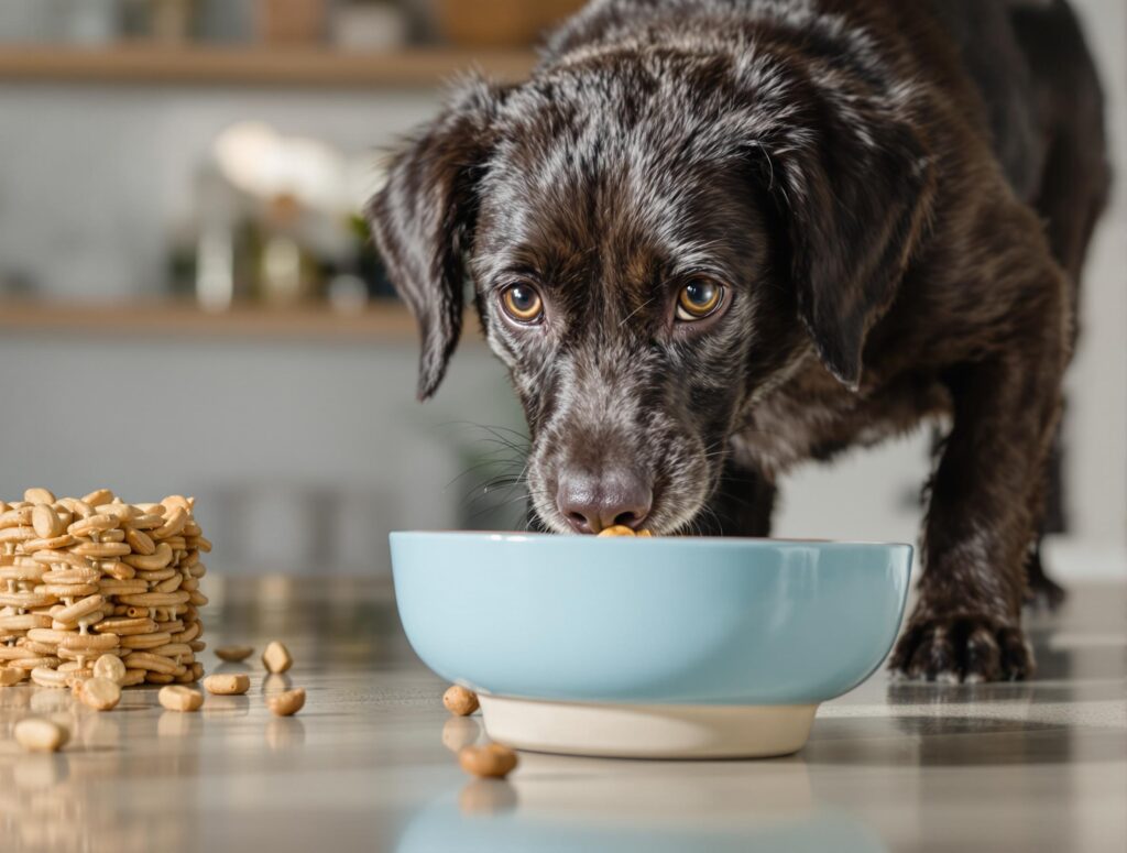 A playful medium-sized black dog eats from a sleek blue ceramic bowl, highlighting the need for low-fat dog food.