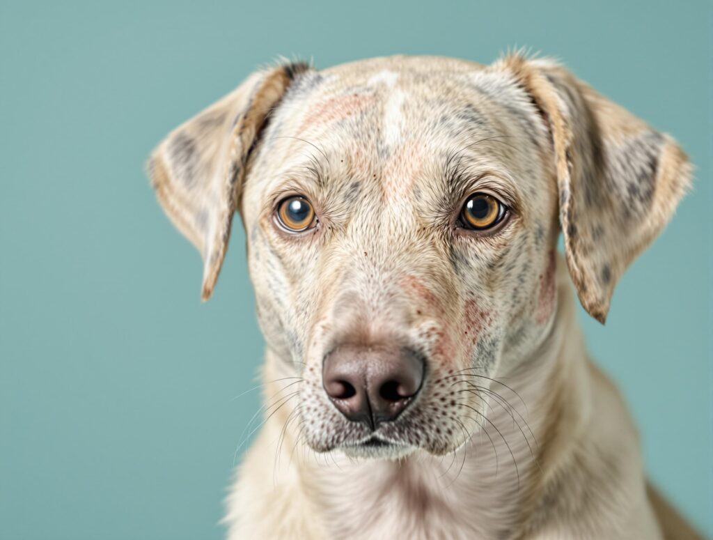 Close-up portrait of a medium-sized dog with lupus, showing skin irritation and a compassionate gaze.