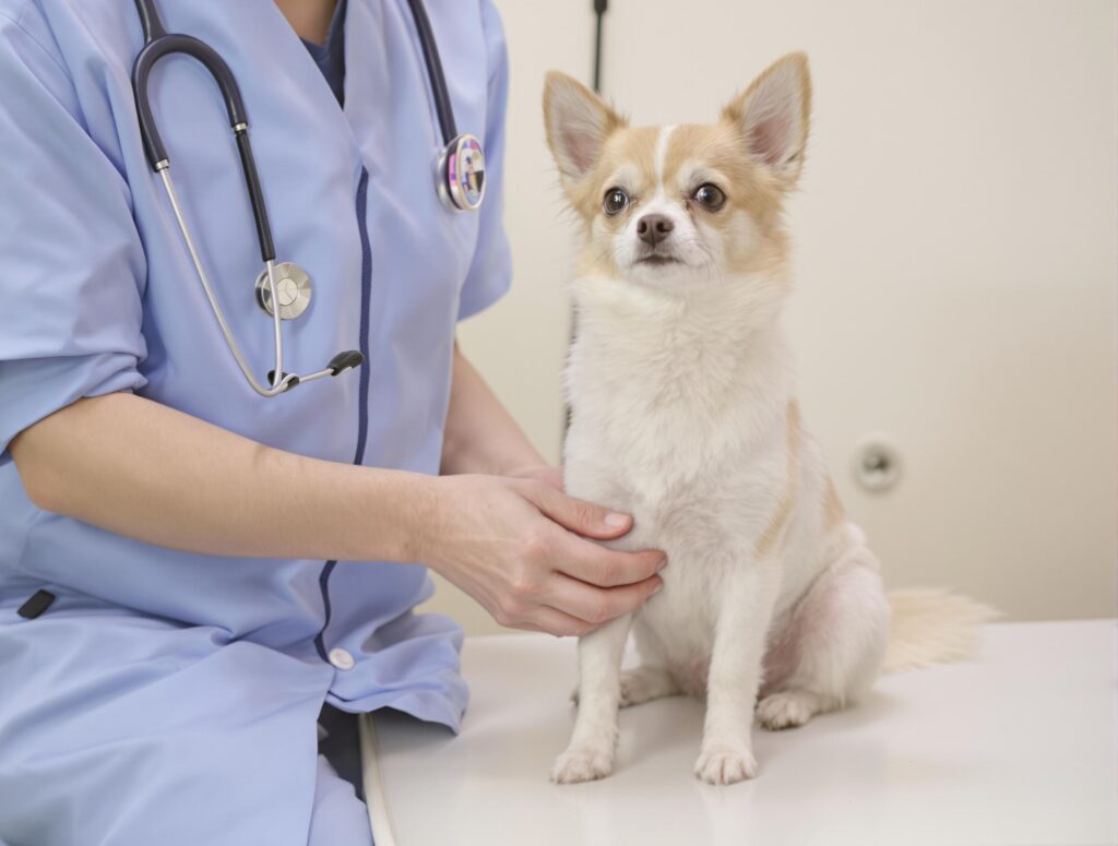 A veterinarian examines a small dog for luxating patella on a white veterinary table.