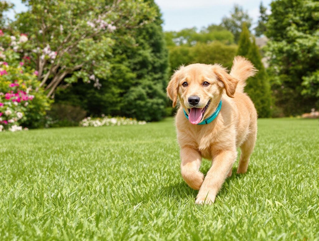 Golden Retriever puppy wearing a Preventic Amitraz Tick Collar in a garden, illustrating lyme disease prevention for dogs.