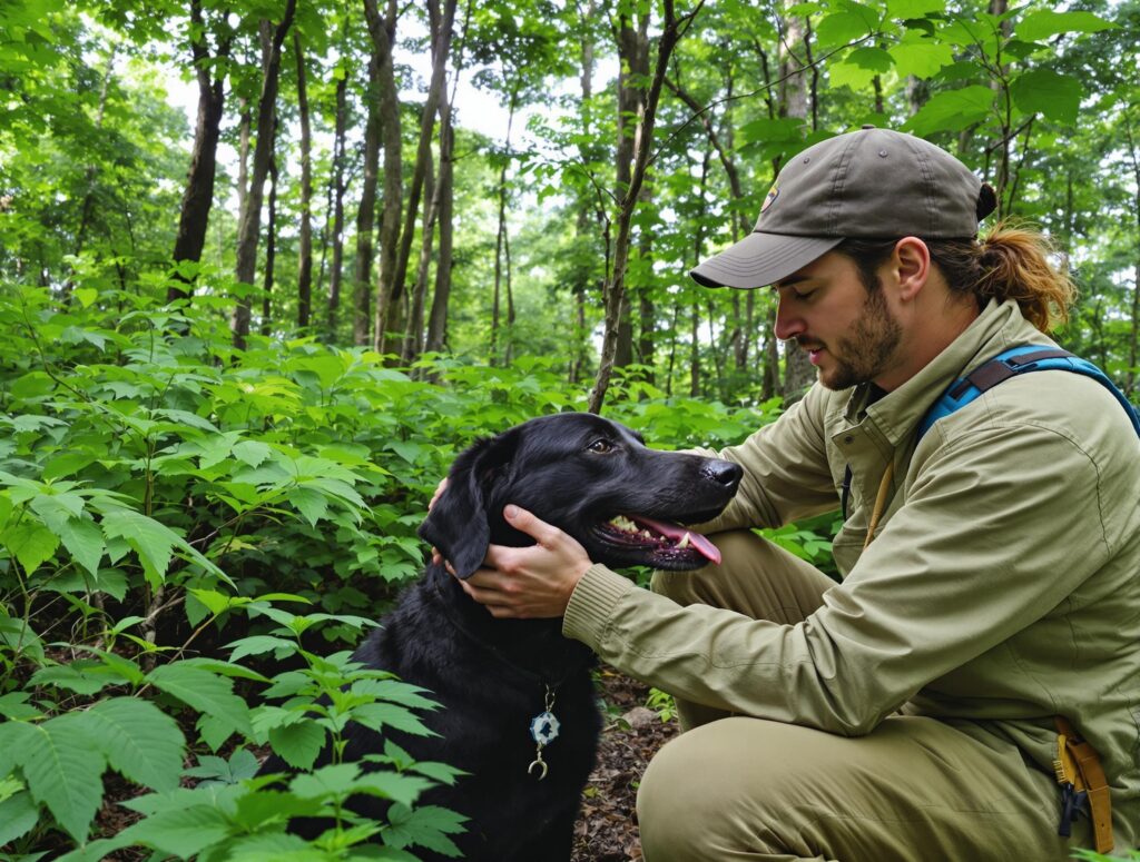 A pet owner checking a dog for ticks in a forest to prevent Lyme disease.