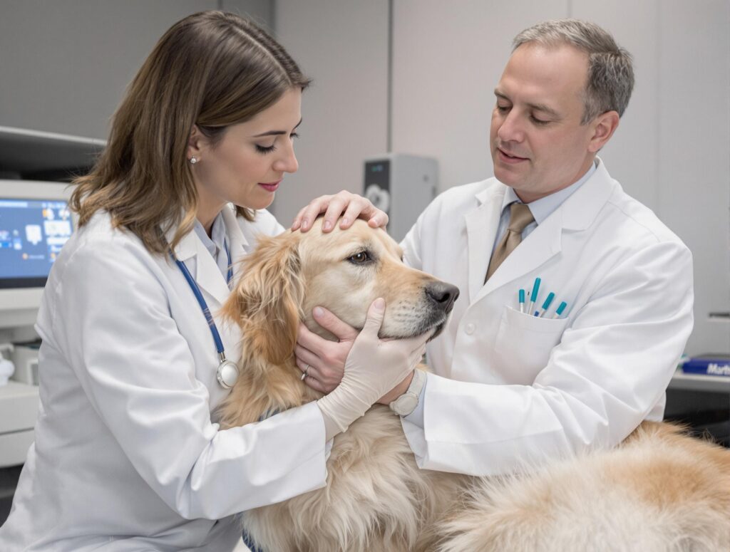 A compassionate veterinarian examines a serene golden retriever for lymphoma in a modern clinic.