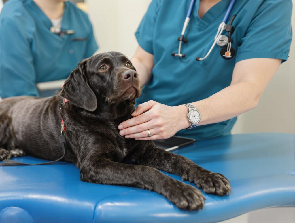 A veterinarian in teal scrubs examines a Labrador's lymph nodes, highlighting lymphoma symptoms in dogs.
