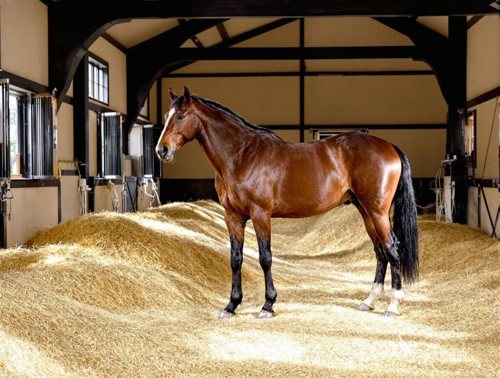 A majestic bay horse with a glossy coat stands in a well-lit stable, surrounded by fresh hay and ivory-colored wooden walls.