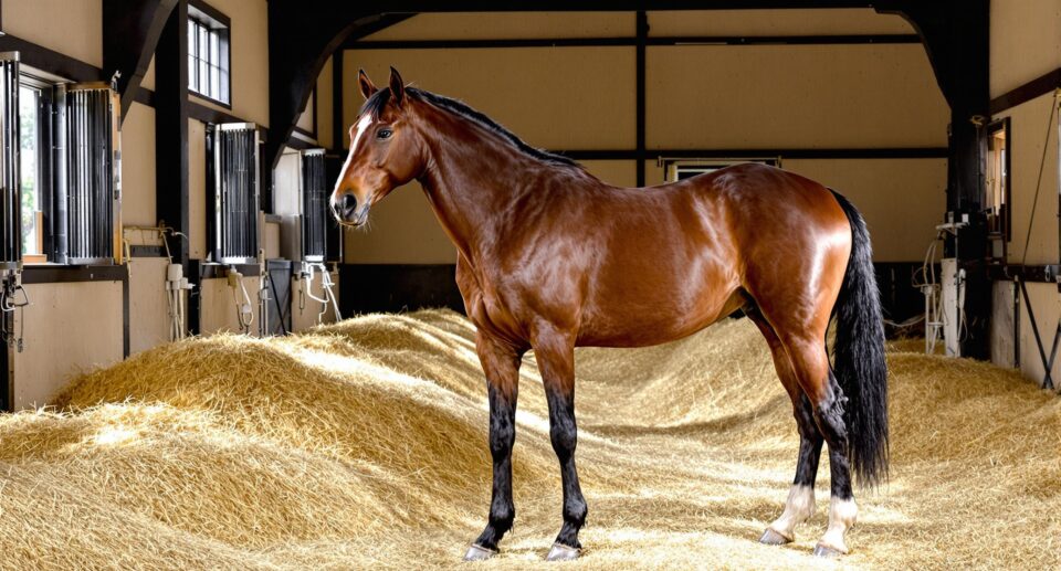 A majestic bay horse with a glossy coat stands in a well-lit stable, surrounded by fresh hay and ivory-colored wooden walls.