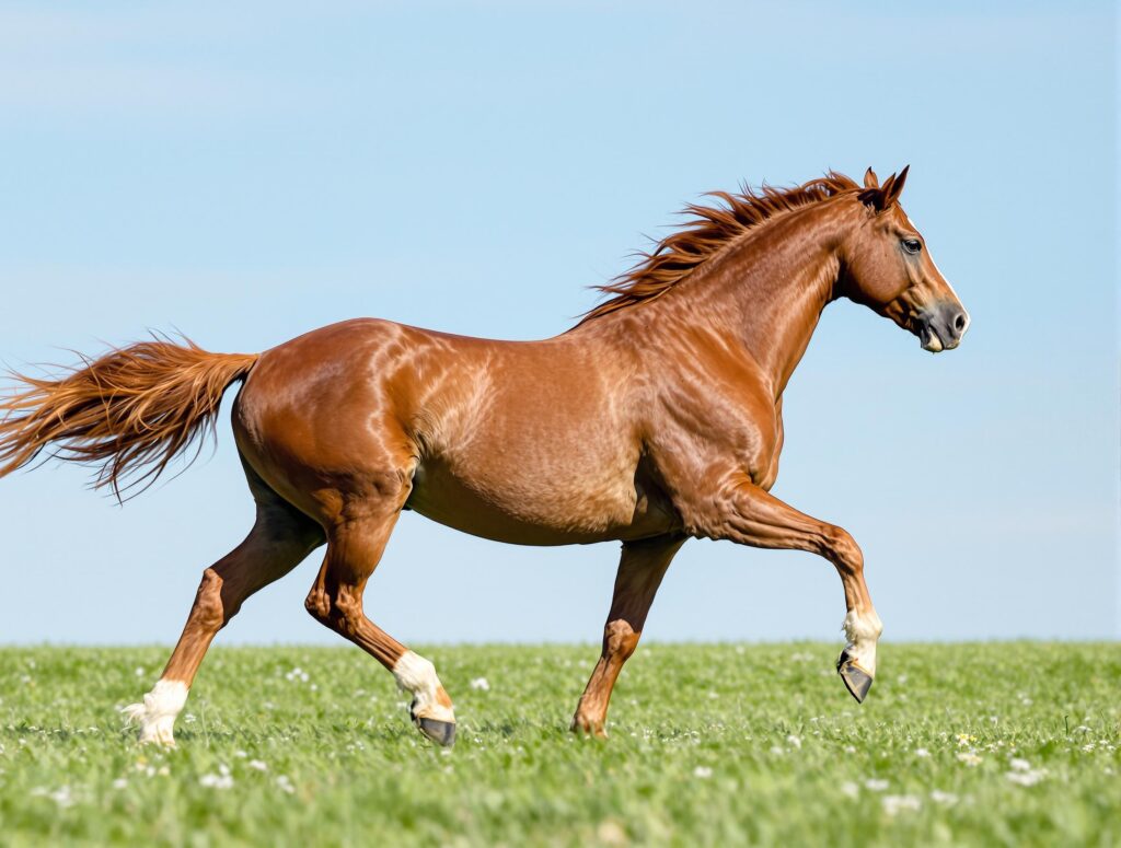 Majestic chestnut horse trotting through sunlit landscape with muscular definition and fluid movement.