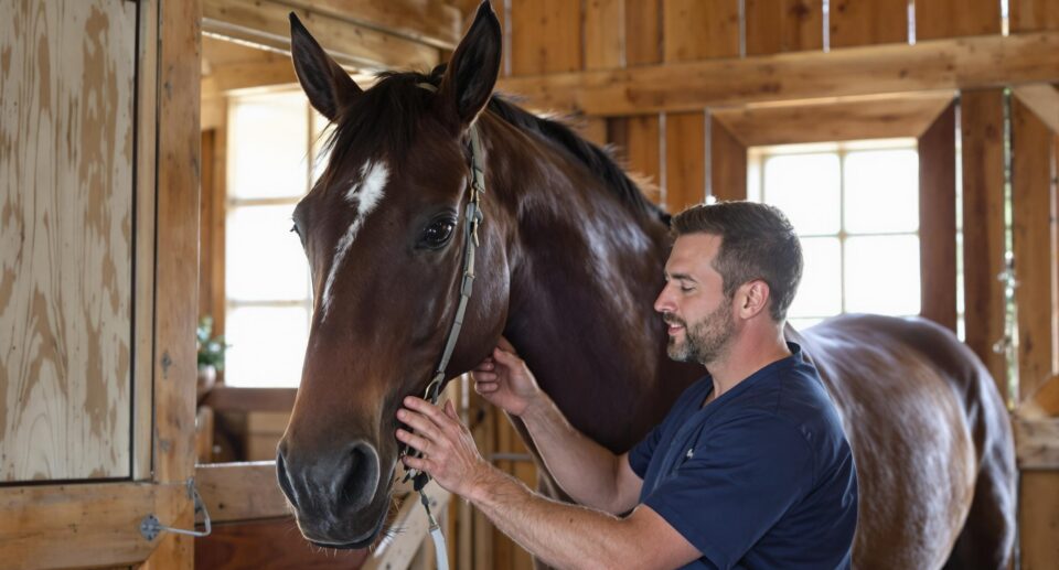 Veterinarian in navy scrubs examines a bay horse in a sunlit wooden stable, demonstrating the importance of regular checkups in preventing and identifying ulcers.