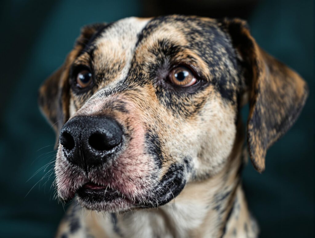 Close-up of a dog with alopecia showing mange symptoms around eyes and mouth.