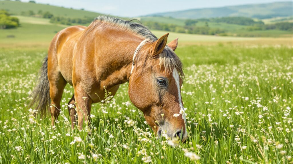 Serene mare grazing in a lush springtime pasture, capturing her graceful form and emphasizing the mare's estrus cycle.