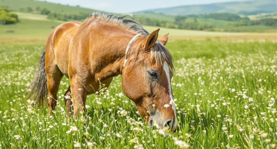 Serene mare grazing in a lush springtime pasture, capturing her graceful form and emphasizing the mare's estrus cycle.