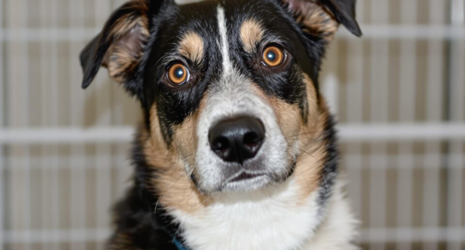 Close-up portrait of a medium-sized dog with a worried expression, highlighting expressive eyes against a soft-focus kennel background.