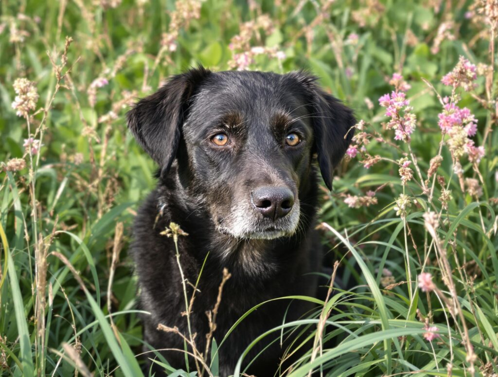 a medium sized black dog of advanced age sitting in grass