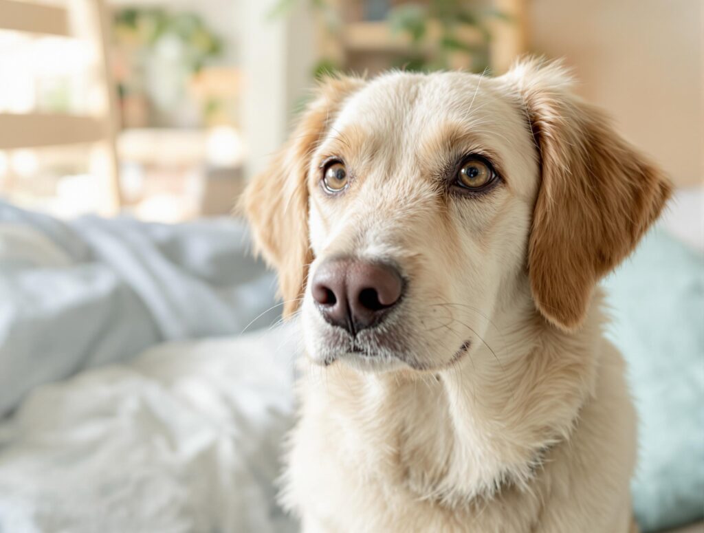 Close-up portrait of a soft-coated shepherd or spaniel mix dog with a gentle expression in a cozy home setting.