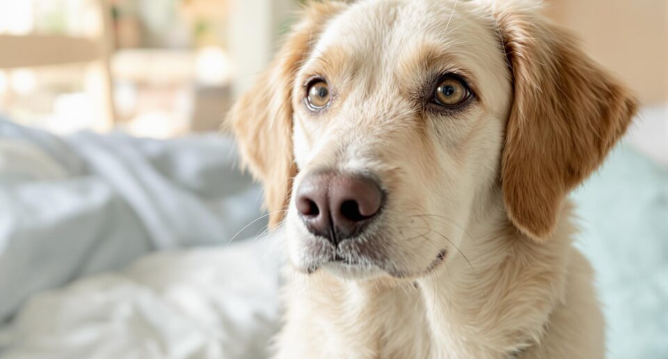 Close-up portrait of a soft-coated shepherd or spaniel mix dog with a gentle expression in a cozy home setting.