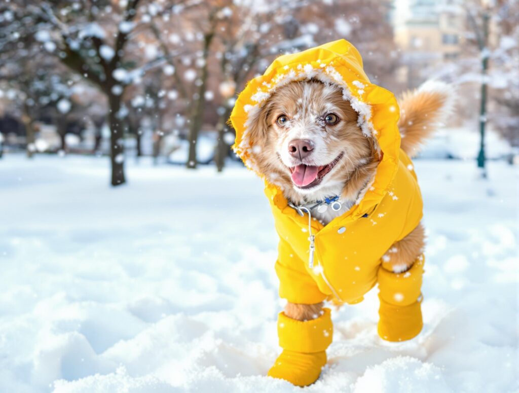Playful medium-sized dog in yellow coat and booties in winter park, with snow and blue sky backdrop.