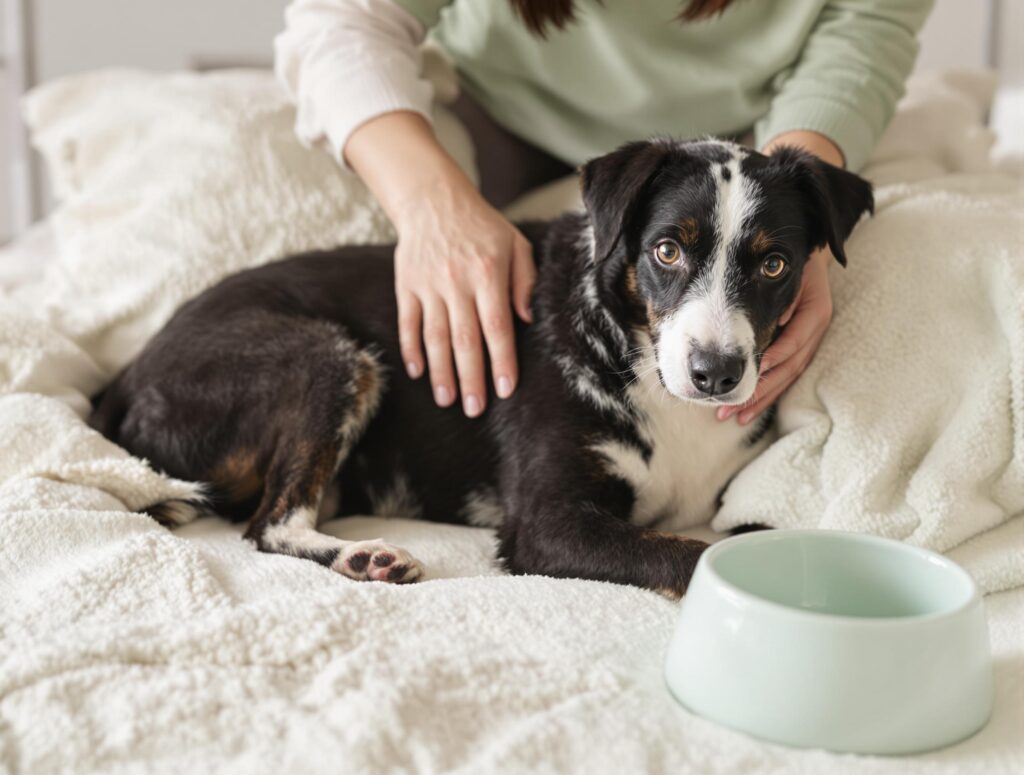 A medium-sized black and white mixed-breed dog rests on an ivory bed with a caring owner petting it, surrounded by mint green pet care accessories.