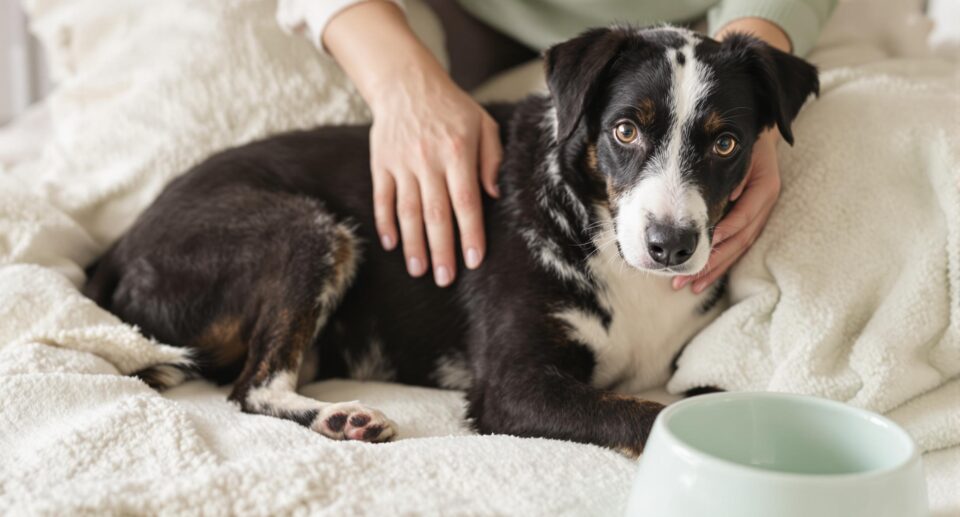 A medium-sized black and white mixed-breed dog rests on an ivory bed with a caring owner petting it, surrounded by mint green pet care accessories.