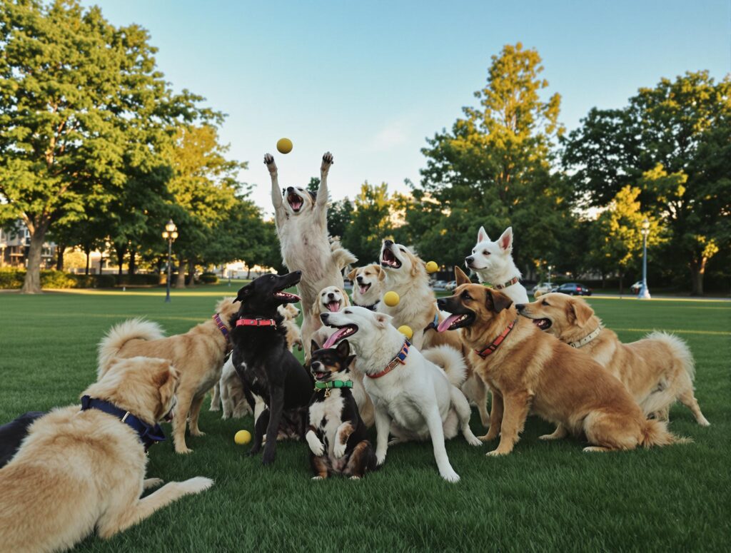 A diverse pack of mixed-breed dogs playing in an urban park, showcasing misconceptions about mutts.