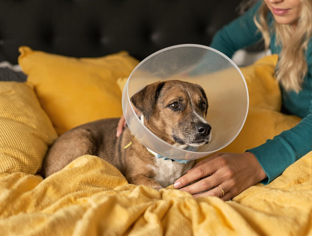 A compassionate owner in a teal shirt gently pets a medium-sized mixed-breed dog wearing a medical cone on a yellow bed.