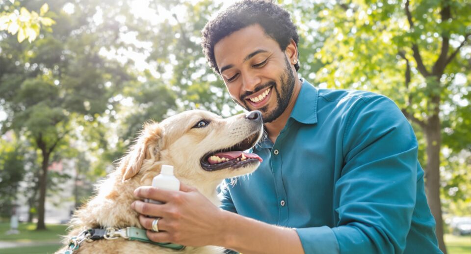 Dog owner in teal shirt applying mosquito repellent to dog in sunlit urban park.