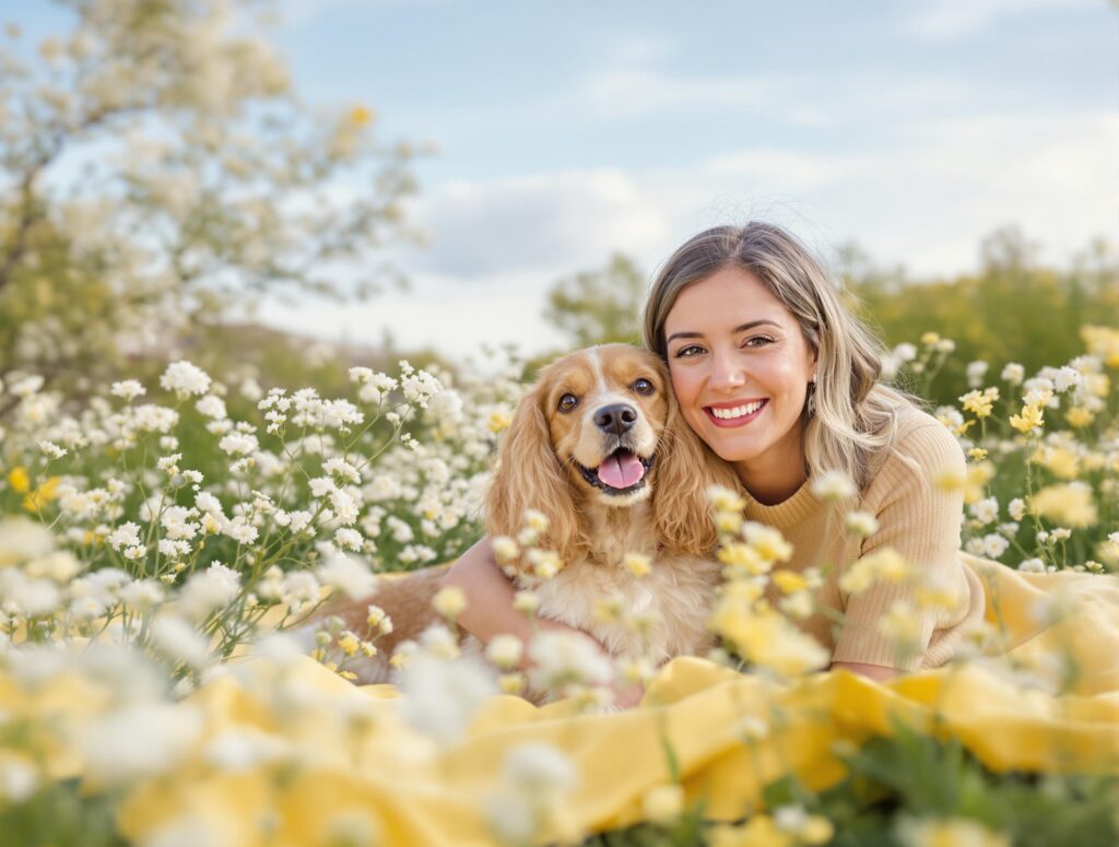 Woman with spaniel on yellow picnic blanket celebrating National Dog Moms Day in spring park.