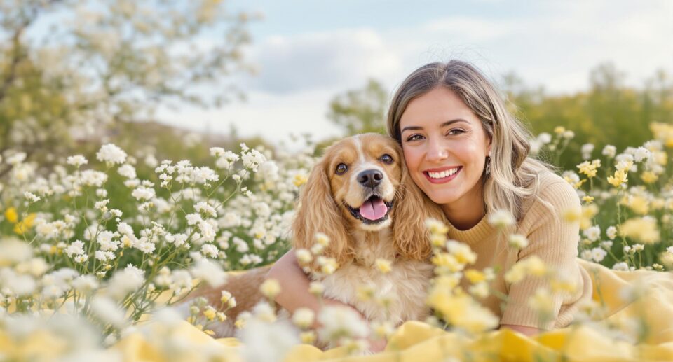 Woman with spaniel on yellow picnic blanket celebrating National Dog Moms Day in spring park.