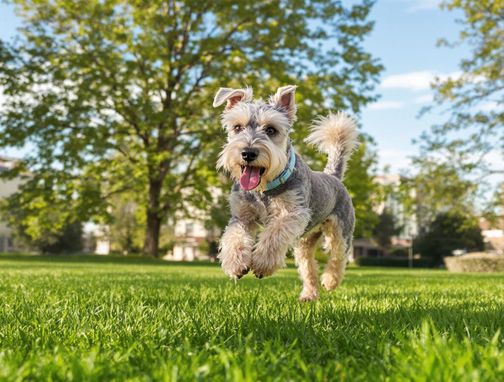 Elderly Labrador or Schnauzer running energetically in a sunlit park, showcasing natural remedies for dog joint health.