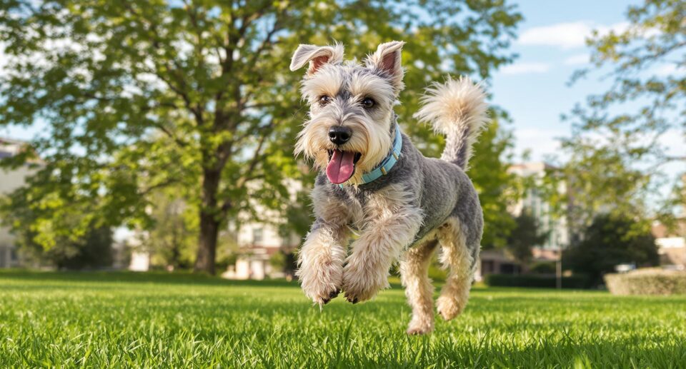 Elderly Labrador or Schnauzer running energetically in a sunlit park, showcasing natural remedies for dog joint health.