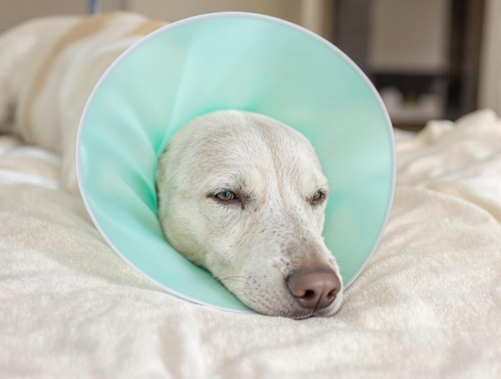 A medium-sized white dog rests on an ivory bed wearing a mint green medical cone after neutering surgery.