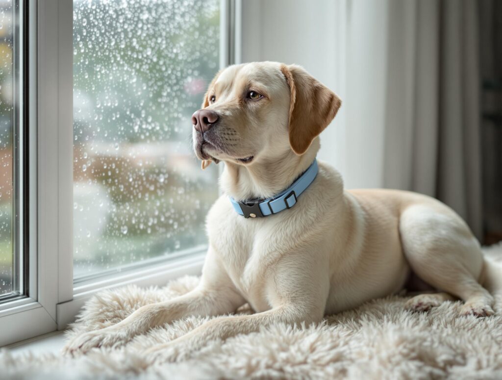 A serene dog wearing a calming collar, illustrating noise anxiety management in dogs.