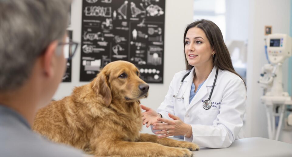 Female veterinarian explaining NSAID pain medications to a dog owner with a golden retriever in a modern clinic setting.