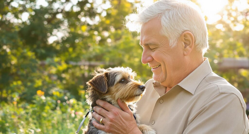A senior man cradles his small terrier in warm sunlight, representing the gentle care needed during kidney stone treatment.