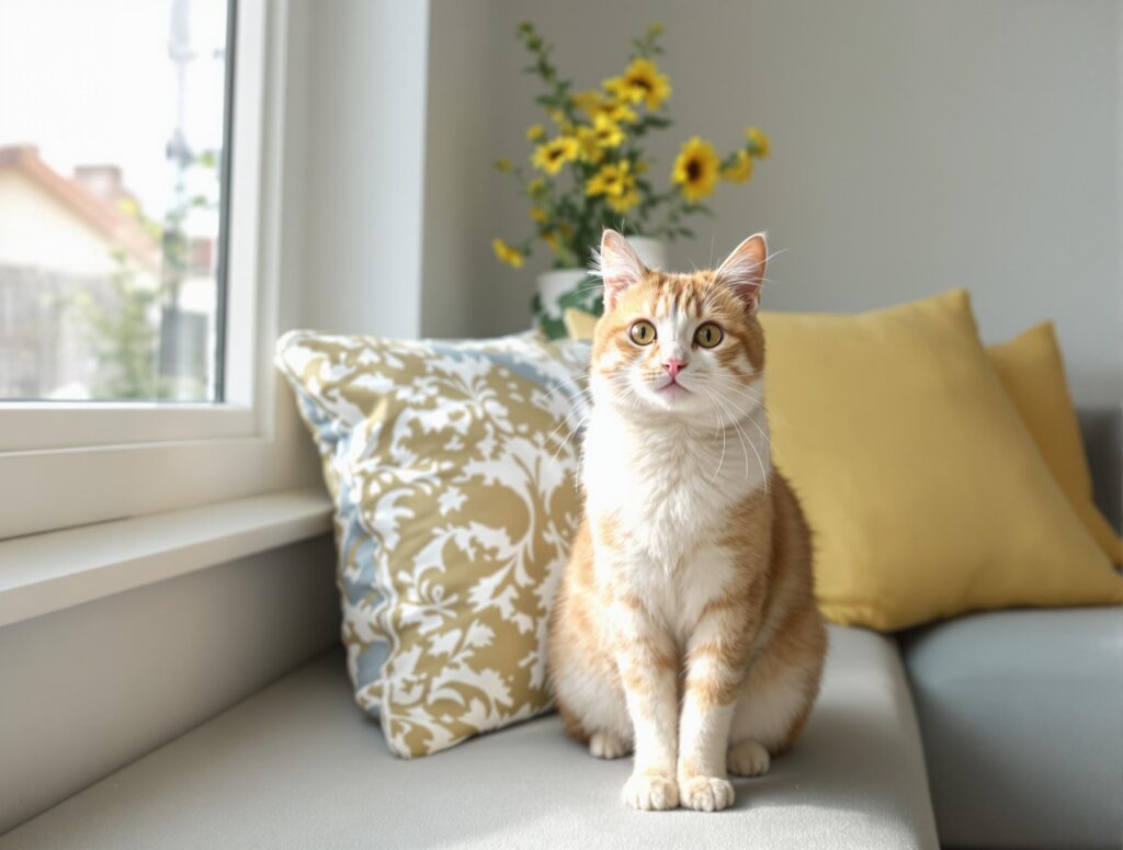 orange cant sitting a couch by the window