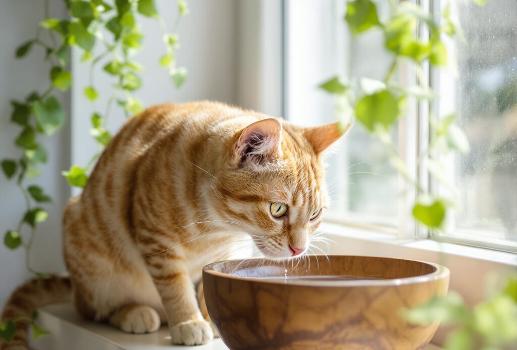 An orange tabby cat is about to drink water from a wooden bowl on a window sill. Light is shinning through the window